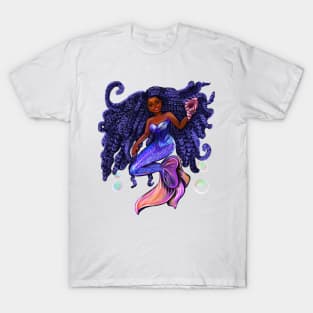 mermaid with flowing braids holding sea shell , brown eyes curly Afro hair and caramel brown skin T-Shirt